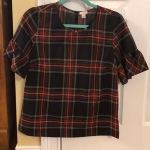 J Crew Tartan plaid ruffle sleeve top